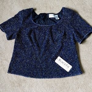 Vintage blue and silver beaded cropped short sleeve blouse